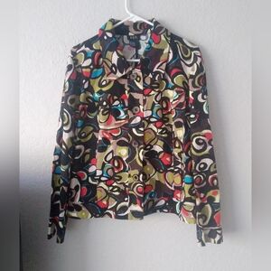 Linen Blend Shacket Jacket Print Womens Large Button Collar Lightweight